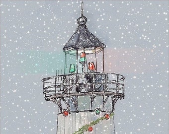 Christmas lighthouse- landscape painting of beautiful New England Lighthouse nautical Christmas theme home decor wall decor hoilday8.5x11