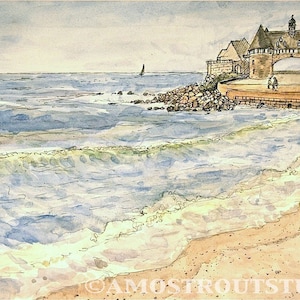 Fine art giclee print scenic beach art landscape of architecture Narragansett Tide Rising, Rhode Island signed and dated by artist 8.5x11