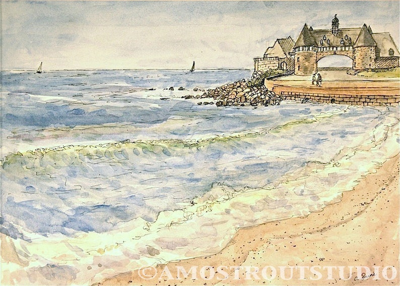 Fine art giclee print scenic beach art landscape of architecture Narragansett Tide Rising, Rhode Island signed and dated by artist 8.5x11 image 1