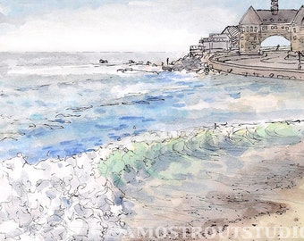 Green waves crashing on Narragansett beach, fine art original landscape art print gift 8.5x11