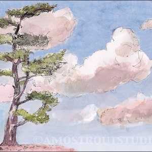 Eastern white pine and pink sunset clouds, landscape and scenic art kids wall decor nursery children room decor archival Print signed 8.5x11