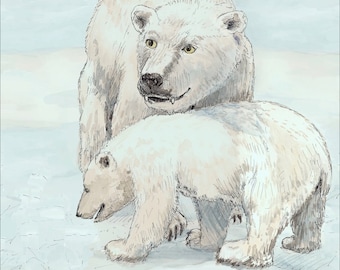 Polar bear standing with cub wall decor nursery children room decor archival print signed giclee animal bear art print, 8.5x11 Home & Living