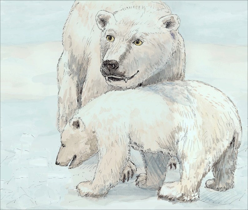 Polar bear standing with cub wall decor nursery children room decor archival print signed giclee animal bear art print, 8.5x11 Home & Living image 1