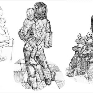mothers and babies, baby smiles, print from pen and ink sketches from life, home decor and art for the house or office