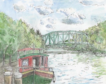 Boat on the Erie Canal, Pittsford NY,  beautiful day with gentle clouds green trees bridge with blue sky signed by artist art print 8.5 x 11