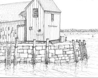 Motif #1, Black and White Pen Classic Rockport Mass New England Fishing village scenic landscape print 8.5x11 wall decor Home & Living