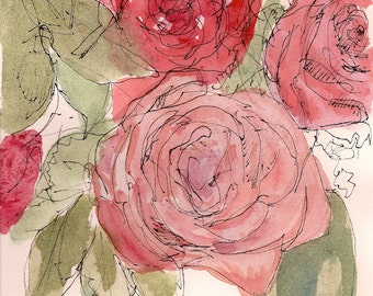 Red and pink roses loose brushstroke blooming rose art print from original watercolor painting, glicee print 8.5x11