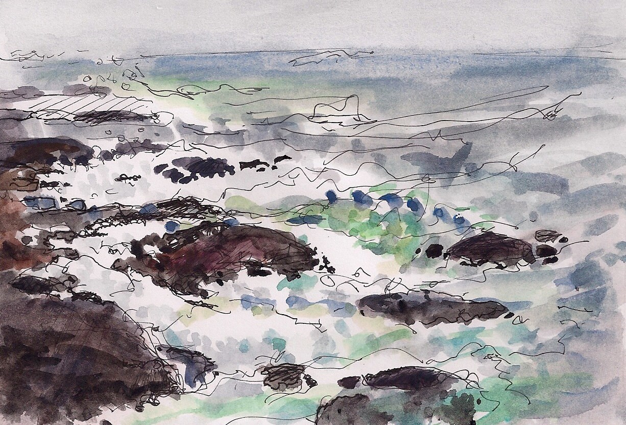 Pen Ink Rocks Landscape Painting Fine Art Print, Pen and Ink, Rocks, Light Green, 8 ...