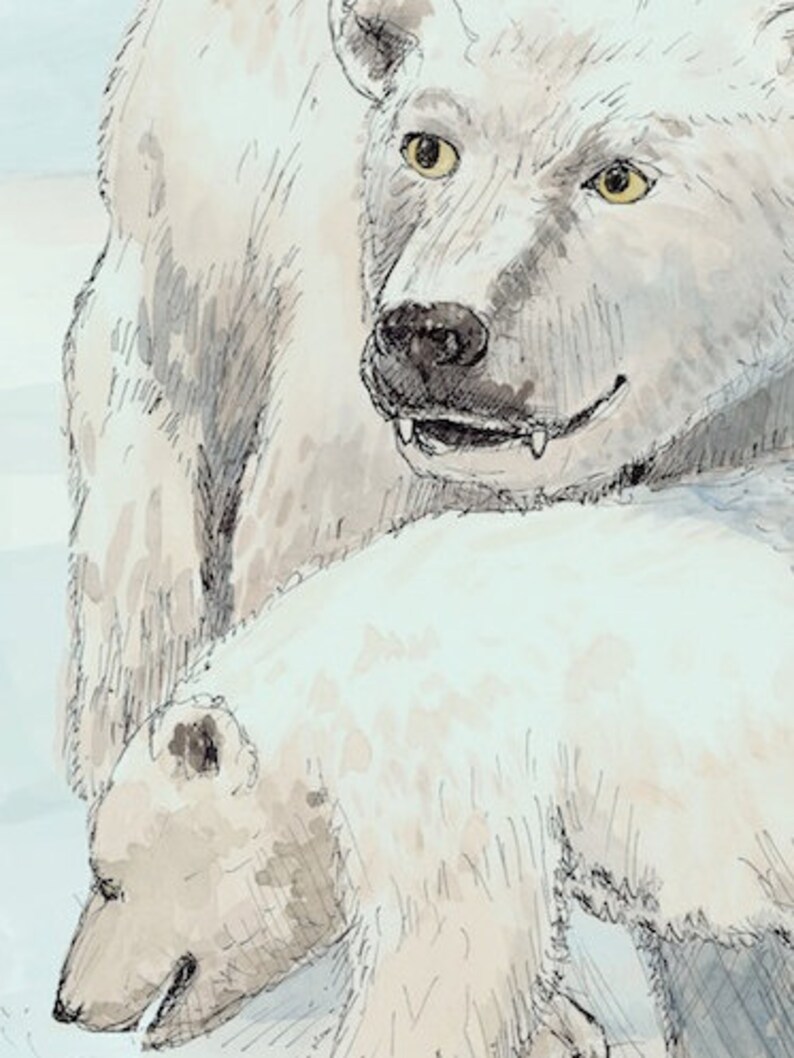 Polar bear standing with cub wall decor nursery children room decor archival print signed giclee animal bear art print, 8.5x11 Home & Living image 2