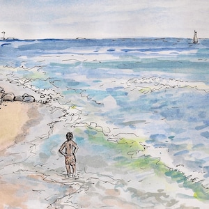 Fine art kid at Mantuck beach signed art print landscape beach swimmer painting youngster at the beach green Rhode Island Giclee  8.5x11