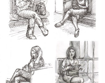 Pen and Ink Portraits of Four Seated Women on the Train Signed by artist Glicee