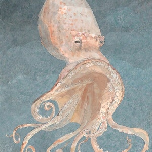Cute octopus fine art watercolor painting wall art decor room archival PRINT any room kids room signed giclee art print, 8.5x11 orange peach