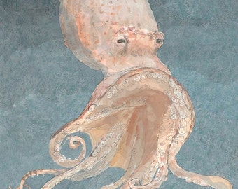 Leuke octopus fine art aquarel schilderij muur kunst decor kamer archief PRINT elke kamer kinderkamer gesigneerd giclee art print, 8.5x11 oranje perzik