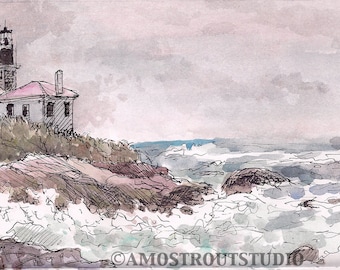 Fine art print, ocean, lighthouse landscape painting of Beavertail Lighthouse size 8.5x11 New England Art Cloudy day artwork purple sky sea