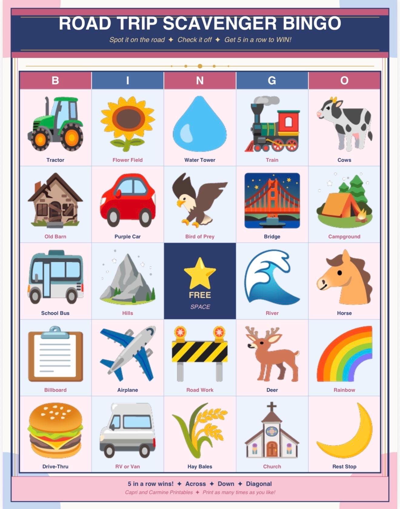 Road Trip Bingo Printable | Car Ride Scavenger Hunt Game for Kids ...