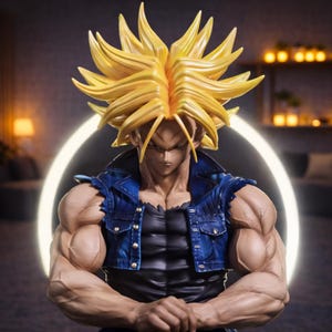 Peut inclure: Figurine détaillée d'un personnage aux cheveux jaunes vifs et hérissés. La figurine porte un gilet en jean bleu sur un haut noir, avec un physique musclé. L'arrière-plan présente une lumière circulaire douce et brillante.