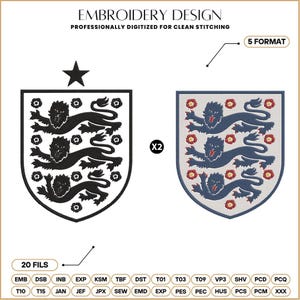 England-Fußballwappen-Stickdatei, England-Wappen-Stickdatei, Drei-Löwen-Logo, Fußball-Patch PES DST – Sofort-Download