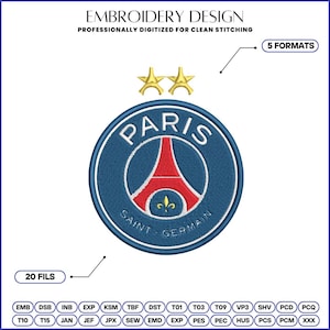 Diseño de bordado del logo del Paris Saint-Germain F.C. con 2 estrellas, Champions League 2026 | Archivo de bordado del PSG | Descarga instantánea | Bordado a máquina