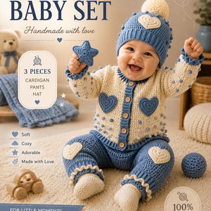 Peut inclure: Un ensemble de trois pièces en crochet pour bébé comprenant un gilet crème et bleu avec des appliques en forme de cœur et des boutons en bois, un pantalon bleu assorti avec des cœurs, et un bonnet bleu avec un pompon crème et une étoile.