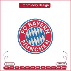 Può includere: Un ricamo circolare del FC Bayern Munchen con un anello esterno rosso con testo bianco, un bordo blu e un motivo centrale a rombi blu e bianchi. L'immagine include il testo Embroidery Design, 3 SIZES, 12 FILES e vari formati di file.