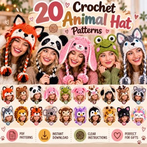 May include: A collection of 20 crochet animal hat patterns featuring various designs like a fox, panda, bunny, frog, and wolf. The image displays multiple colourful, textured hats with ear flaps and pom-poms, labelled with numbers from 1 to 20.