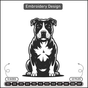Peut inclure: Motif de broderie noir et blanc d'un chien assis. Le design présente les traits du chien, notamment son visage, sa poitrine et ses pattes. Le texte "Embroidery Design" est en haut. L'image comprend également du texte indiquant le nombre de tailles et de fichiers.