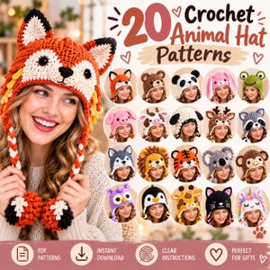 May include: A collection of 20 crochet animal hat patterns featuring a large orange and white fox hat with braided tassels and pom-poms, alongside smaller circular images of various animal designs including a bear, panda, frog, and unicorn.