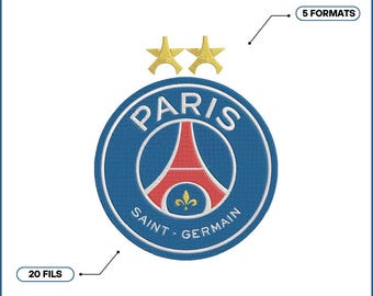 Diseño de bordado del logo del Paris Saint-Germain F.C. con 2 estrellas, Champions League 2026 | Archivo de bordado del PSG | Descarga instantánea | Bordado a máquina