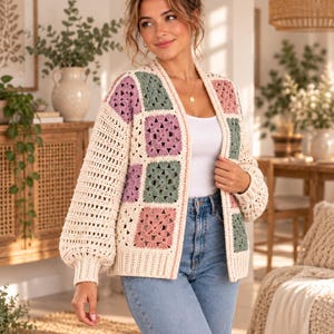 Granny Square Cardigan Crochet Pattern PDF, Women's Oversized Crochet Sweater, Boho Patchwork Cardigan, Easy Crochet Clothing Pattern