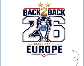 Diseño de camiseta del PSG Champions League 2026 en formato SVG, PNG, PDF y JPG | Dos títulos consecutivos de campeón de Europa | Gráfico de trofeo de fútbol | Descarga instantánea