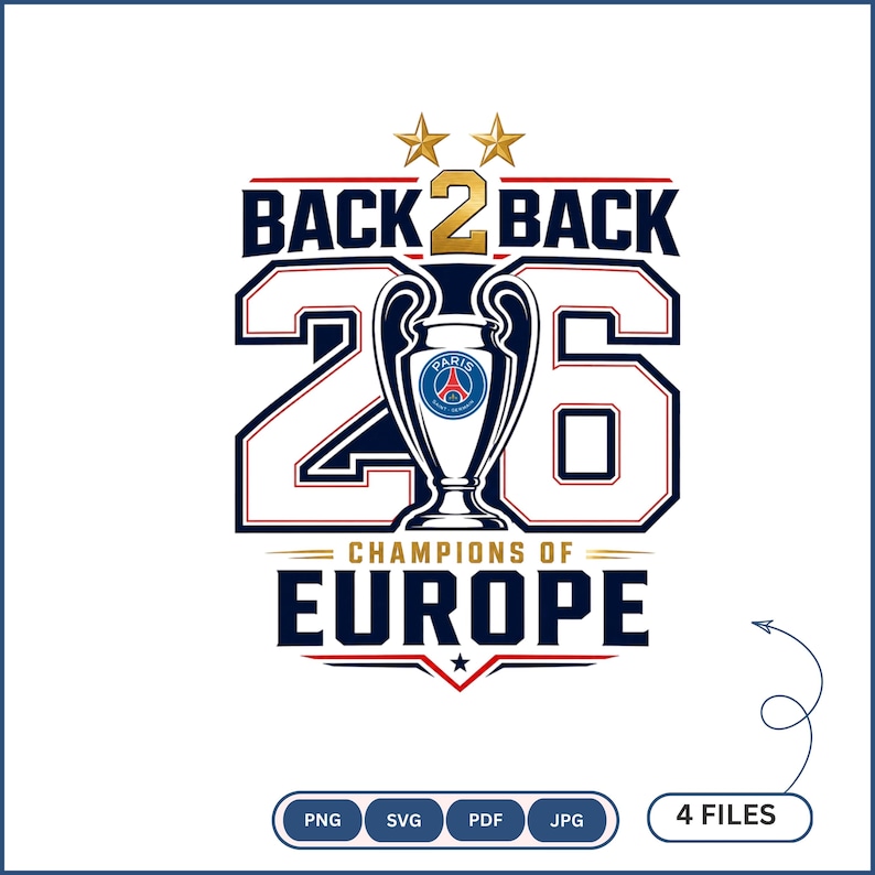 Pode incluir: Um design gr&aacute;fico com o texto BACK 2 BACK e CHAMPIONS OF EUROPE em azul escuro e dourado. O n&uacute;mero 26 &eacute; exibido em uma fonte branca grande com contornos azul escuro. Um trof&eacute;u prateado com o logo do Paris Saint-Germain est&aacute; centralizado.