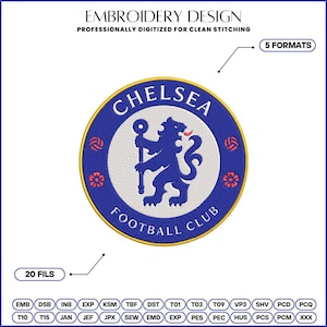 Peut inclure: Un motif de broderie circulaire du Chelsea Football Club avec un lion bleu tenant un bâton sur fond blanc, entouré d'une bordure bleue avec le texte CHELSEA FOOTBALL CLUB, des ballons de football rouges et des fleurs. Inclut 5 formats et 20 fils.