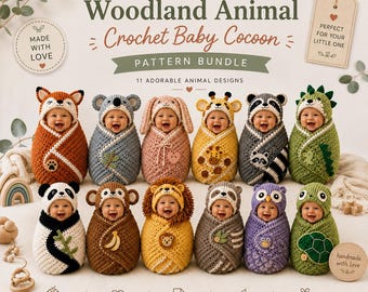 May include: A digital pattern bundle for 11 crochet baby cocoons featuring woodland animal designs. The image displays infants wearing handmade crochet cocoons styled as a fox, koala, bunny, giraffe, raccoon, dinosaur, panda, monkey, lion, sloth, owl, and turtle.