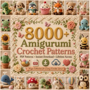 Peut inclure: Une collection numérique de 8000+ modèles de crochet Amigurumi avec un texte central entouré de diverses figurines crochetées dont un dinosaure, un chiot, un pingouin, un cupcake, un renard, un ours, un lapin, une grenouille, un tournesol, un cactus, une baleine, un chat, un champignon, une tortue, une licorne, une montgolfière, une pieuvre, une abeille, un cochon et un hibou.