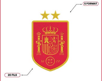 Diseño de bordado del escudo de fútbol de España con 2 estrellas, archivo de bordado del logotipo de la selección nacional de España, bordado a máquina de escudo de fútbol, PES DST JEF VP3..