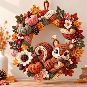 Peut inclure: Une couronne en crochet ronde ornée d'un écureuil marron tenant un gland, entouré d'éléments automnaux tels que des citrouilles orange, roses et vertes, des feuilles colorées, des baies, des pommes de pin et une grande fleur blanche.