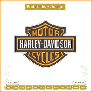 Könnte beinhalten: Ein Stickmuster mit dem Harley-Davidson Motor Cycles Schild-Logo in Schwarz, Orange und Weiß. Der Text lautet Embroidery Design, 3 SIZES, 12 FILES und listet Dateiformate wie PEC, XXX, VP3, SHV, PES, PCS, PCD, HUS, EXP, EMC, EMB, BMP auf.