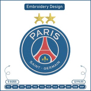 Peut inclure: Motif brodé du logo du Paris Saint-Germain en bleu, rouge et blanc. Le design comprend la Tour Eiffel et les mots "PARIS" et "SAINT-GERMAIN". Deux étoiles dorées sont au-dessus du logo. Le texte "Embroidery Design" est en haut.