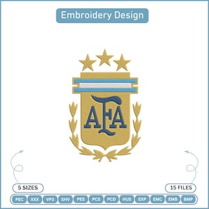 Design de bordado da Seleção Argentina, arquivo do logotipo da Argentina, padrão de bordado do escudo da AFA, download do PES DST JEF VP3