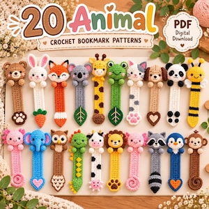 Peut inclure: Une collection de 20 modèles de marque-pages animaux au crochet présentés en téléchargement numérique. L'image montre diverses créatures en laine colorées, notamment un ours, un lapin, un renard, un koala, une girafe, une grenouille, un chat, un chien, un panda, une abeille, un axolotl, un éléphant, un hibou, un dinosaure, une vache, un lion, un raton laveur, un pingouin et un singe.