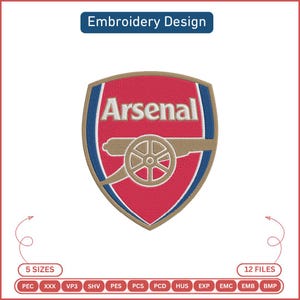 May include: Embroidered Arsenal logo patch. The design features a red shield with the word "Arsenal" in white, a gold cannon, and blue accents. The patch is labeled "Embroidery Design" and includes file format options.