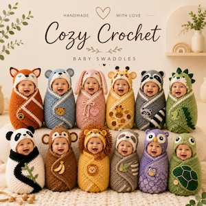 Peut inclure: Douze nourrissons enveloppés dans des langes en crochet colorés avec des capuches d'animaux : renard, ours, lapin, girafe, raton laveur, dinosaure, panda, singe, lion, paresseux, hibou et tortue. Texte : HANDMADE WITH LOVE Cozy Crochet BABY SWADDLES.