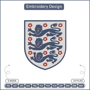 May include: An embroidery design featuring a shield with three dark blue lions and ten red and white roses on a light background. The text Embroidery Design is at the top, with 5 SIZES and 15 FILES labels and file format abbreviations below.