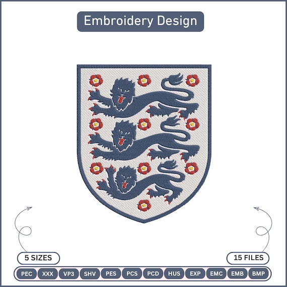 England Three Lions Embroidery Design, England Football Crest Embroidery File, Soccer Logo PES DST JEF VP3 Download