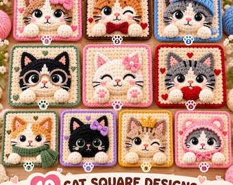 May include: A collection of ten square crochet patterns featuring cat faces with various accessories like bows, hats, glasses, and scarves. Each square displays a unique feline design with large eyes and paws, labeled 1 through 10, with text reading 10 CAT SQUARE DESIGNS CROCHET PATTERN BUNDLE PDF.
