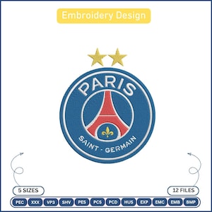 Peut inclure: Écusson brodé avec le logo du Paris Saint-Germain. Le design comprend un cercle bleu avec les mots "PARIS" et "SAINT-GERMAIN", une Tour Eiffel rouge et deux étoiles dorées. L'écusson est étiqueté "Embroidery Design".