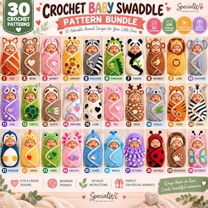 Peut inclure: Une collection numérique de 30 modèles de langes pour bébé au crochet avec des motifs d'animaux. L'image présente 30 nourrissons emmaillotés dans des costumes variés, notamment un renard, un ours, un lapin, une girafe, un raton laveur et un panda.