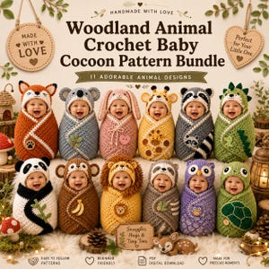 May include: A digital pattern bundle for 11 crochet baby cocoons featuring woodland animal designs including a fox, koala, rabbit, giraffe, raccoon, dinosaur, panda, monkey, lion, sloth, owl, and turtle, with text reading Woodland Animal Crochet Baby Cocoon Pattern Bundle.