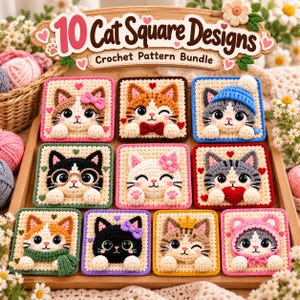 Puede incluir: Una colección de 10 patrones de ganchillo cuadrados con caras de gato y varios accesorios como lazos, gorros y bufandas. El texto 10 Cat Square Designs Crochet Pattern Bundle aparece en un letrero de madera sobre los cuadrados coloridos.