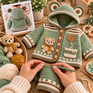 Peut inclure: Un gilet à capuche crocheté vert sauge avec des oreilles d'ours sur la capuche, des boutons en bois marron et une petite application d'ours crocheté. Le vêtement présente des détails en croix blancs sur les manches et l'ourlet, et une poche.